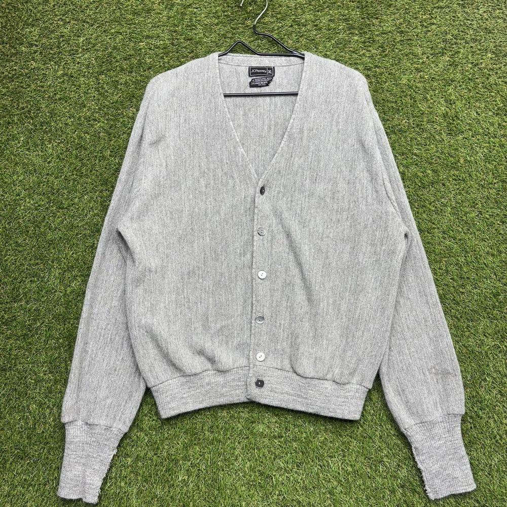 Vintage JC Penney Sweater Womens XL Cardigan The Fox Virgin Orlon Blend Grey 70s
